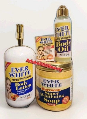 4PC SET EVER WHITE WHITENING LOTION+FACE CREAM+ BODY OIL+SOAP SPF50✅️
