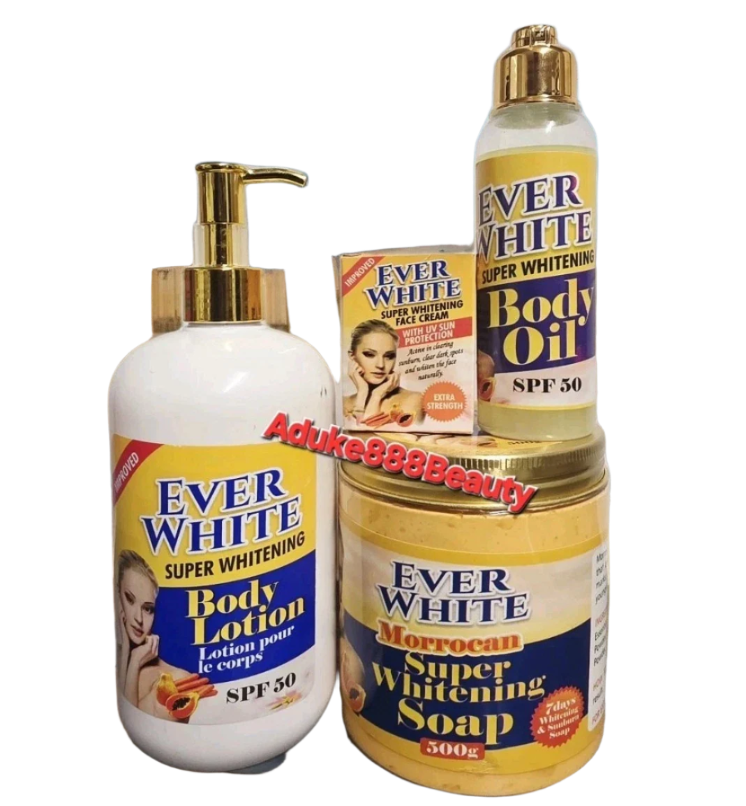 4PC SET EVER WHITE WHITENING LOTION+FACE CREAM+ BODY OIL+SOAP SPF50