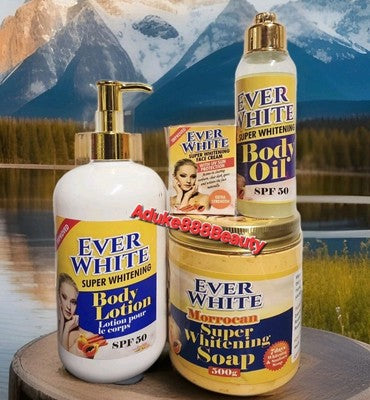 4PC SET EVER WHITE WHITENING LOTION+FACE CREAM+ BODY OIL+SOAP SPF50✅️