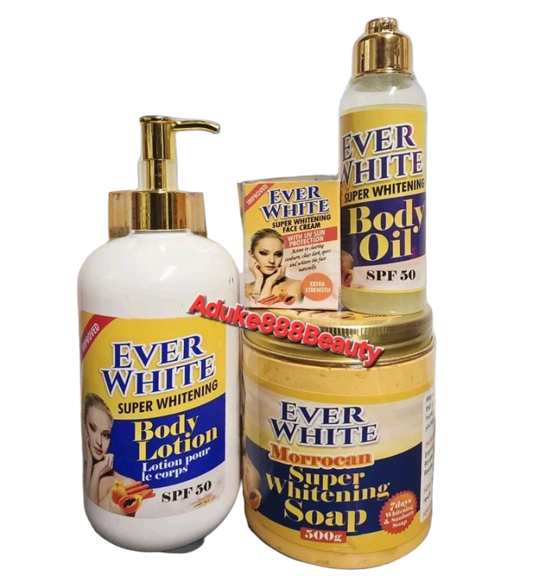 4PC SET EVER WHITE WHITENING LOTION+FACE CREAM+ BODY OIL+SOAP SPF50